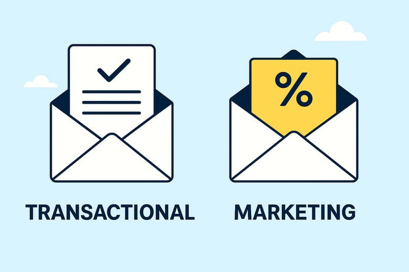 Two envelopes—one labeled "Transactional" with a document, and one labeled "Marketing" with a percentage sign—illustrate different email types and highlight the importance of Email Deliverability for both transactional and marketing messages.