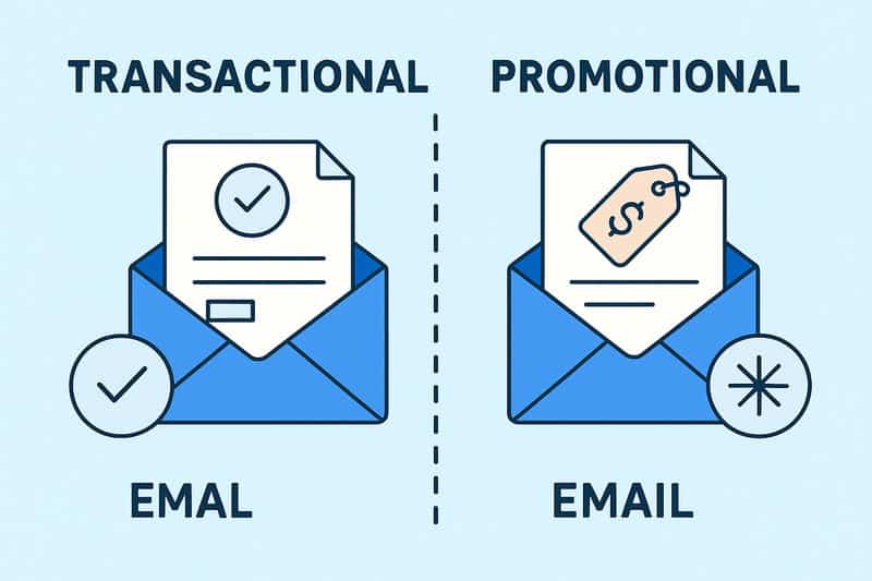 Ilustração que compara o e-mail transacional - destacando a capacidade de entrega transacional com uma marca de verificação - com o e-mail promocional, que apresenta a capacidade de entrega de marketing com uma etiqueta de preço. Ambos são mostrados como envelopes com mensagens em seu interior.