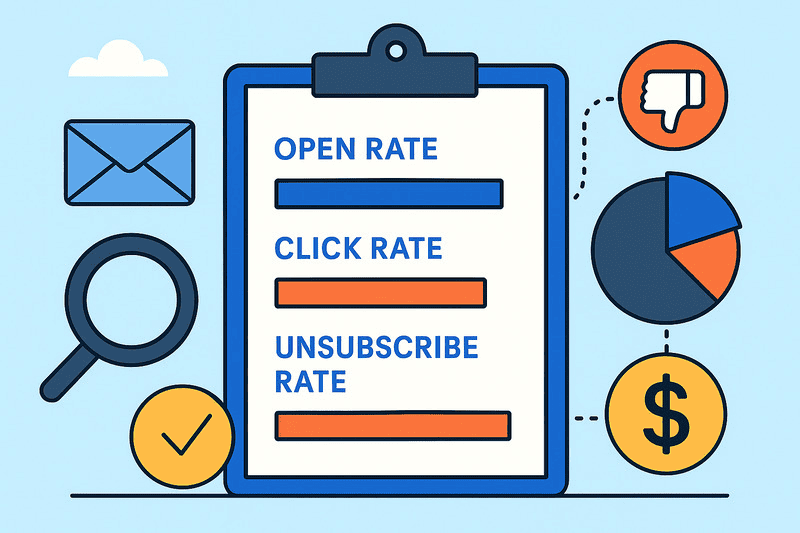 A clipboard displays open rate, click rate, and a good unsubscribe rate—key metrics in email marketing—surrounded by icons like a magnifying glass, pie chart, dollar sign, check mark, envelope, and thumbs-down.