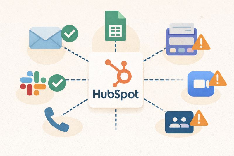 Diagram showing HubSpot at the center, connected to six app icons—including email, phone, Slack, and others—highlighting HubSpot tools and best HubSpot integrations with check marks and warning symbols indicating status.