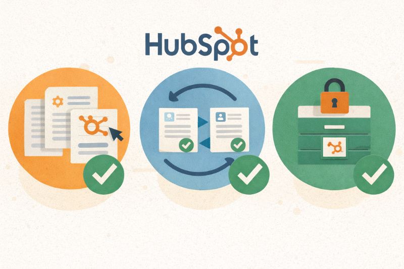 Illustration showing HubSpot logo above icons of documents, data synchronization, and a locked file cabinet—each with a checkmark, highlighting the security and completion offered by the best HubSpot integrations.