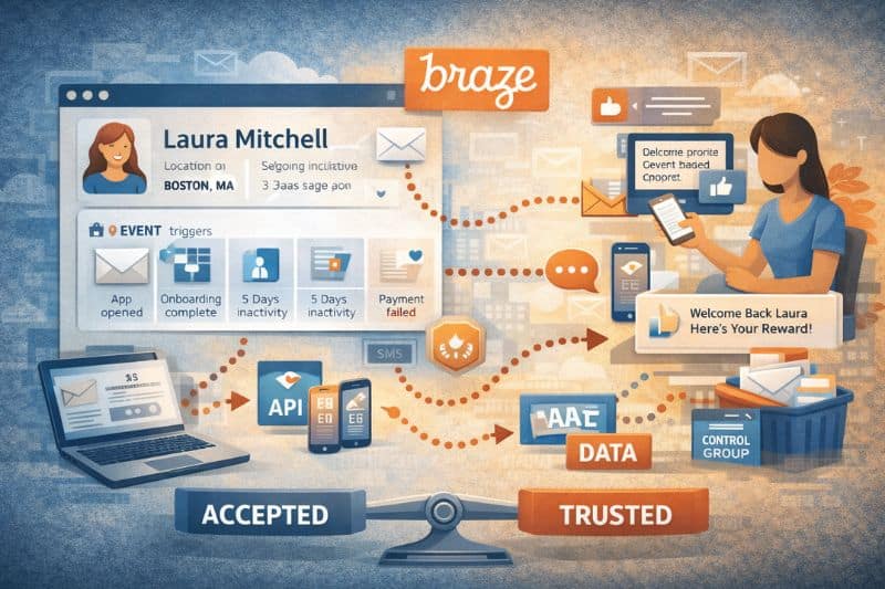 Diagrama mostrando uma plataforma de marketing personalizado, como a HubSpot ou a Braze, que rastreia as ações do usuário e envia mensagens direcionadas entre dispositivos, equilibrando o uso de dados aceito e confiável.