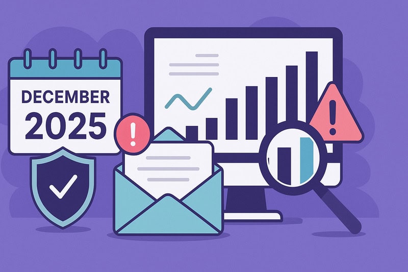 Illustration of a calendar marked December 2025, a computer screen with bar graphs, an envelope symbolizing Email Deliverability, and warning signs—capturing data analysis and alerts for key updates in News December 2025.