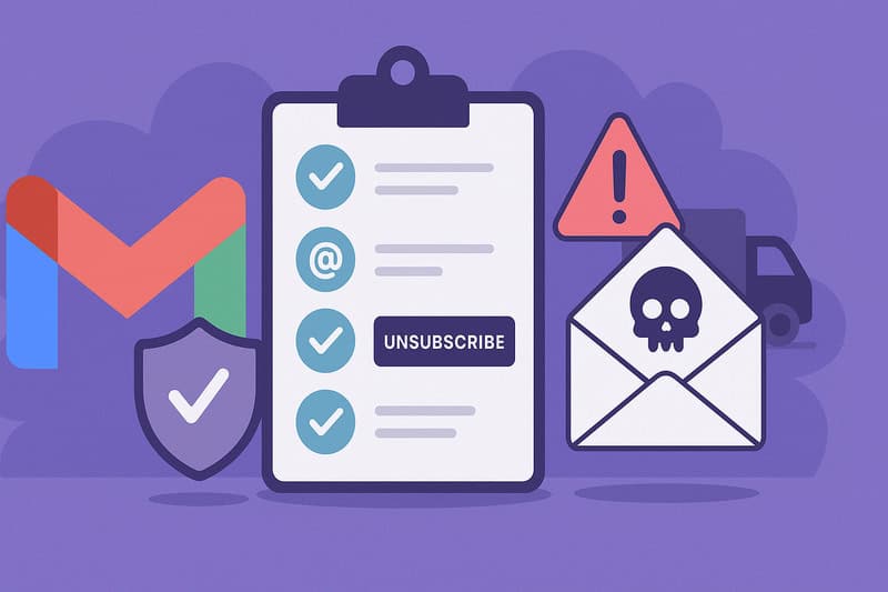 Illustration of a clipboard with an unsubscribe button, Gmail logo, warning signs, a shield, and an envelope with a skull symbol, highlighting December 2025 Email News on security and email deliverability threats.