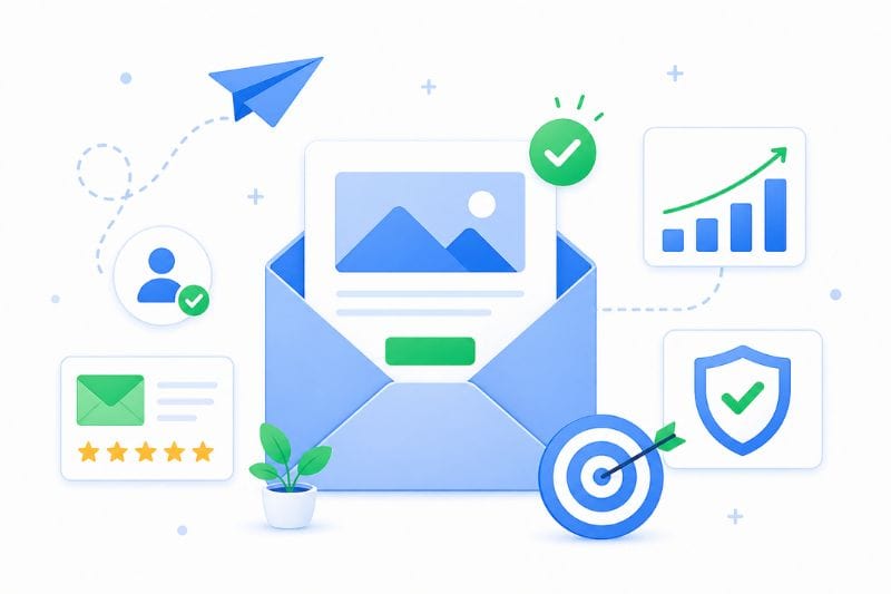 Illustration of digital marketing elements including an open email, chart, target, and more—highlighting email graphic examples designed to improve deliverability and drive engagement for online success.