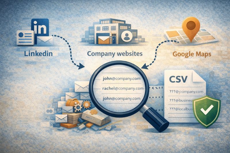 Illustration showing email addresses collected from LinkedIn, company websites, and Google Maps using email scrapers, compiled into a CSV file, with a magnifying glass highlighting sample emails for seamless outbound email campaigns.