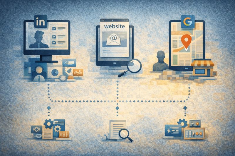 Illustration showing LinkedIn, a website, and Google on screens, connected by dotted lines to documents and gears symbolizing data analysis, outbound email strategies, and workflow integration.