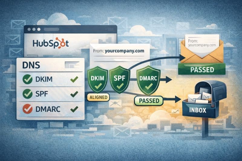 Diagrama que ilustra a autenticação de e-mail da HubSpot, destacando a função dos registros DNS (DKIM, SPF, DMARC da HubSpot) na verificação de remetentes e na prevenção de confusão de DMARC para garantir que os e-mails cheguem à caixa de entrada.