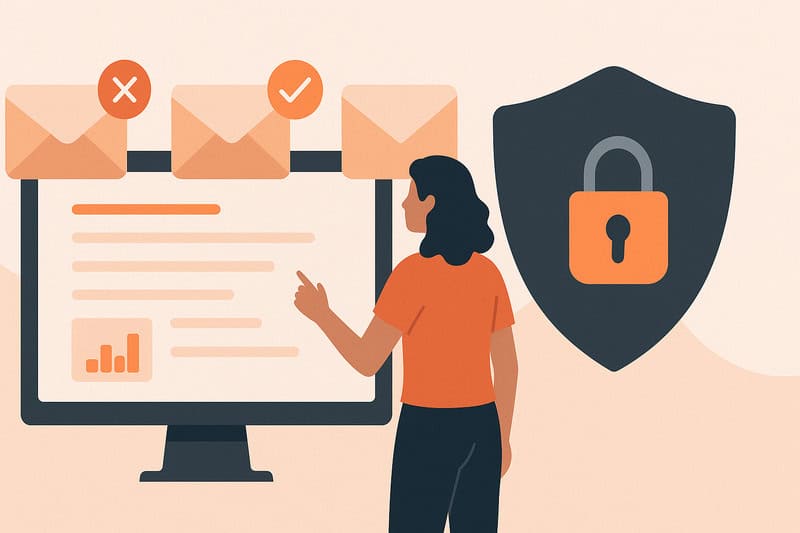 Ilustración de una mujer apuntando a una pantalla de ordenador con iconos de correo electrónico, junto a un escudo con el símbolo de un candado, que representa HubSpot Email Deliverability y la ciberseguridad.