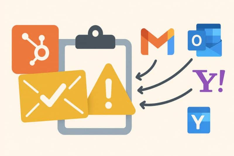 Clipboard with warning sign and email icon, surrounded by logos for HubSpot, Gmail, Outlook, Yahoo Mail, and a blue email service. Arrows point toward the email services, highlighting issues when Email Validation Fails or you need to Fix HubSpot Email errors.
