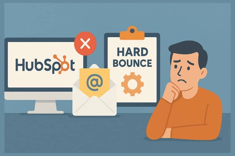 Ilustração de uma pessoa preocupada ao lado de um computador com o logotipo da HubSpot, um envelope com um símbolo de arroba e uma prancheta com o rótulo 
