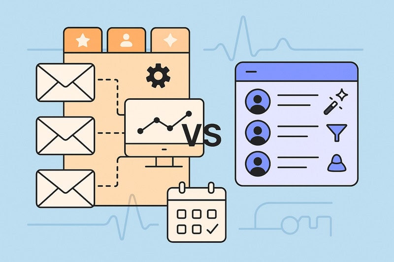 Illustration comparing two software dashboards: one with Smartlead's email, chart, and calendar icons, and the other featuring user profiles and filter options, separated by a "VS" in the center.