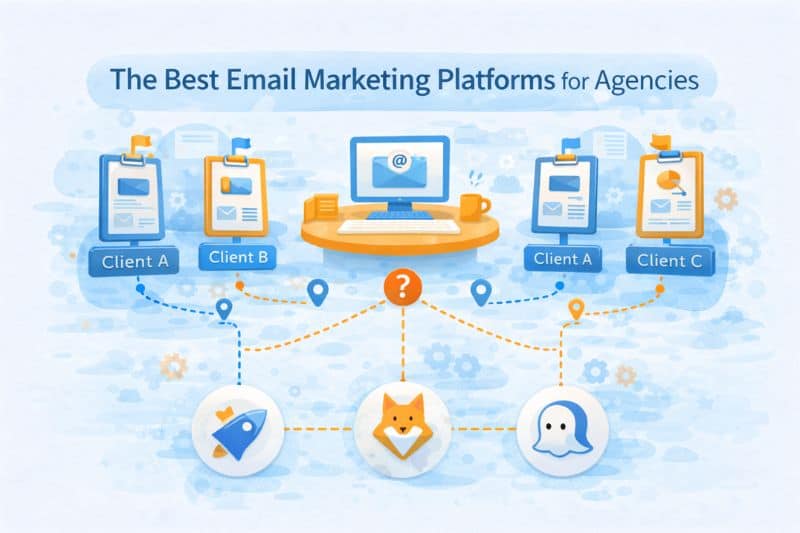 Illustration shows a computer linked to folders labeled Client A, B, and C, representing the best email marketing platform for agencies. Icons include a rocket, fox, and ghost.