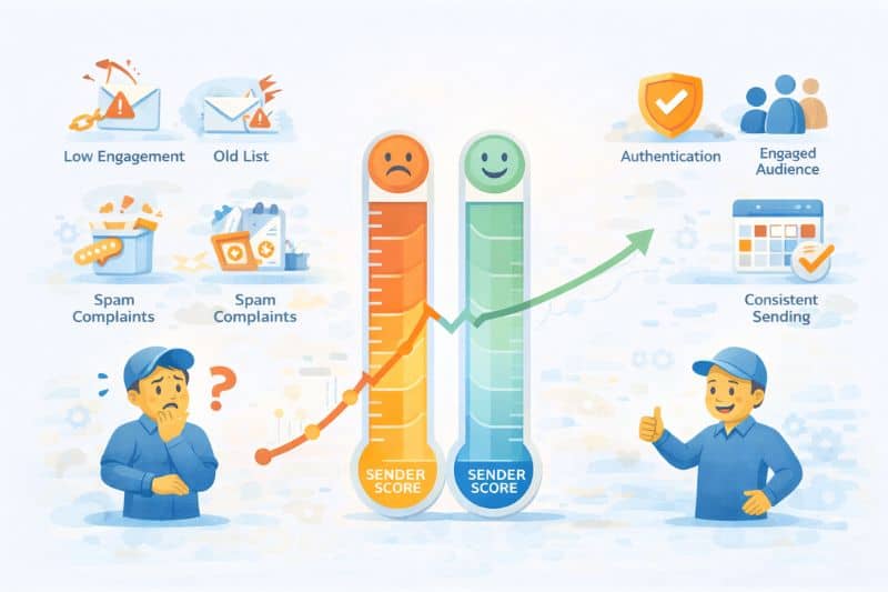 Illustration comparing low and high Sender Scores, showing factors like low engagement and spam complaints versus authentication and consistent sending, with unhappy and happy characters—highlighting steps to improve Sender Score and boost email deliverability.
