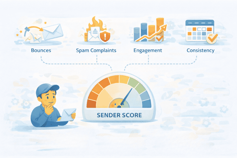 Ilustração que mostra os fatores que afetam a pontuação do remetente - rejeições, reclamações de spam, envolvimento e consistência - com uma pessoa revisando o e-mail e um medidor rotulado como 