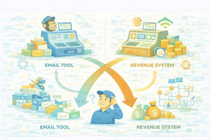 Illustration showing a person confused between managing email tools like Klaviyo or Mailchimp with messages, and revenue systems with money, cash registers, charts, and growth model planning.