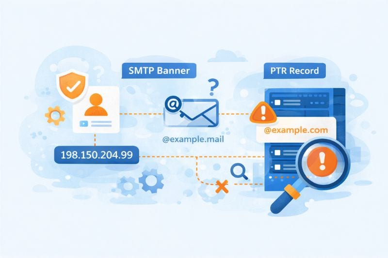 Diagram showing the relationship between an IP address, SMTP banner, PTR record, and email address, with icons highlighting security, verification elements, and the role of reverse DNS in ensuring proper email delivery.