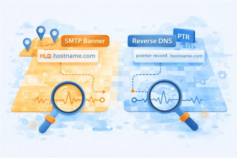 Ilustración que compara el nombre de host del banner SMTP y el registro PTR del DNS inverso, cada uno etiquetado con una lupa. Destaca sus funciones en la entrega del correo electrónico marcando claramente el banner SMTP y el DNS inverso para facilitar su identificación.