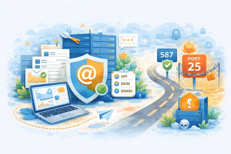 Illustration of email security concepts with a shield, server, laptop, checklists for SPF, DKIM, DMARC, and a road to port 25 blocked by a chain and padlock—highlighting the importance of proper SMTP server configuration for problem-free sending.