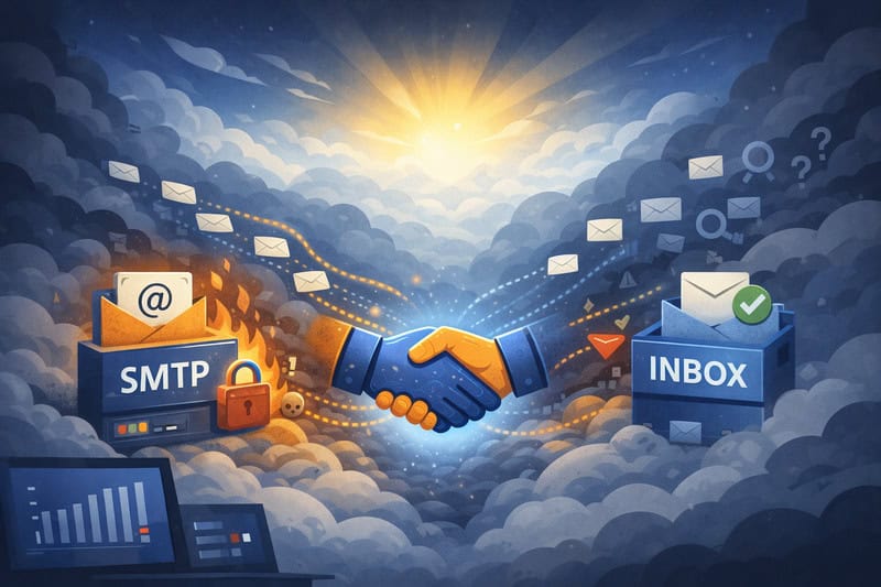 Ilustração de duas mãos se agitando em meio a nuvens, conectando um servidor SMTP e uma caixa de entrada, com e-mails, ícones de segurança e gráficos de dados em segundo plano - simbolizando um envio sem problemas por meio de uma configuração perfeita do servidor SMTP.