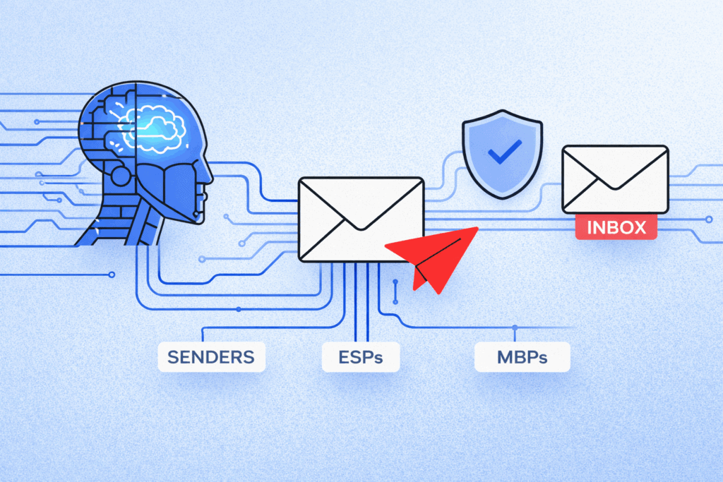 Illustration of a digital head, envelopes, and icons labeled Senders, AI-driven ESPs, MBPs, and Inbox, representing an email deliverability process with cybersecurity elements.