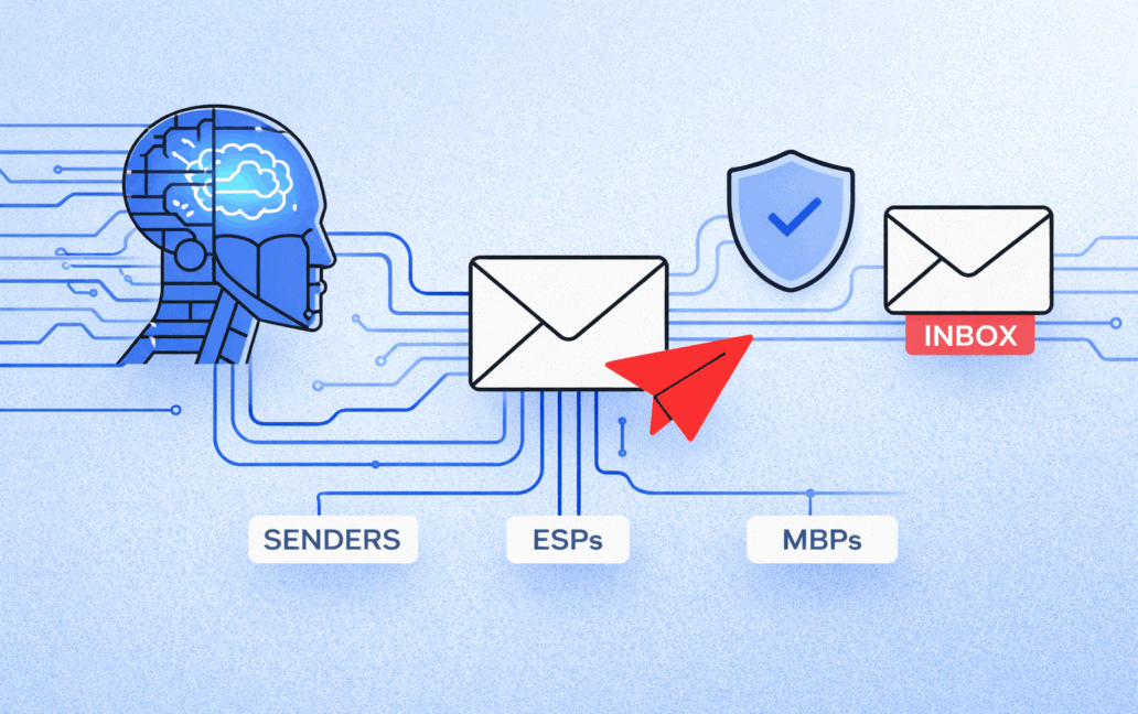 Illustration of a digital head, envelopes, and icons labeled Senders, AI-driven ESPs, MBPs, and Inbox, representing an email deliverability process with cybersecurity elements.