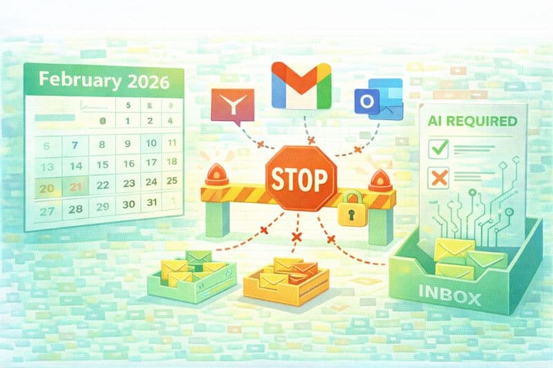 Illustration of a digital barrier stopping email icons, a February 2026 calendar, and an "AI Required" inbox—highlighting Inbox Reality Check and the evolving landscape of AI-powered email deliverability.