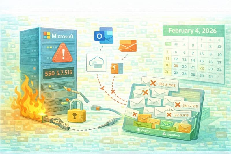 Ilustración de un servidor de Microsoft en llamas con la etiqueta 