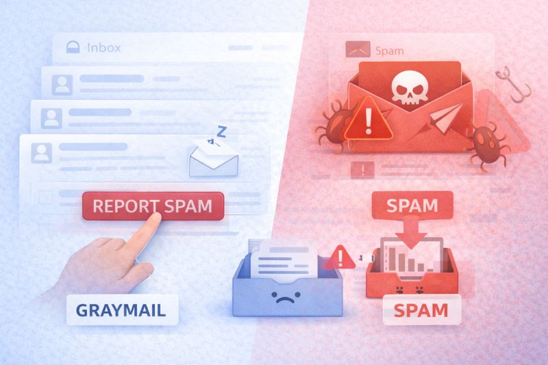 Comparação entre graymail e spam com ícones de caixa de entrada, denúncia de spam e aviso