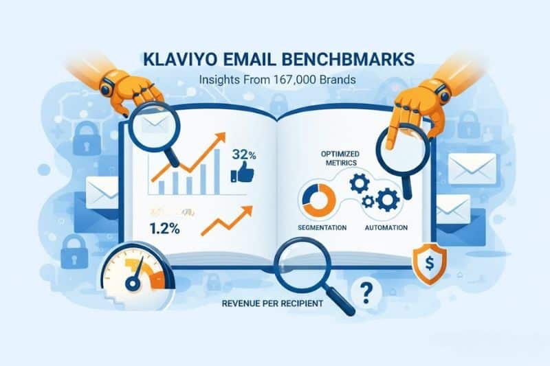 Open book displaying Klaviyo Email Benchmarks, with email marketing metrics, graphs, and icons for segmentation, automation, and optimization. Two hands hold magnifying glasses over the pages. Text reads "Klaviyo Email Benchmarks.