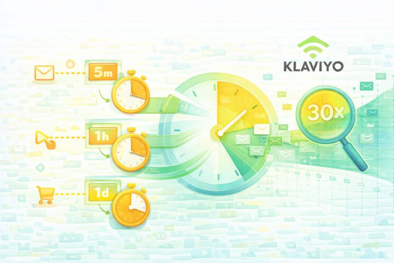 Infographic showing email delivery times of 5 minutes, 1 hour, and 1 day, with stopwatches and a clock. Features the Klaviyo logo and a magnifying glass labeled "30x"—perfect for tracking Early Wins in your email marketing campaigns.