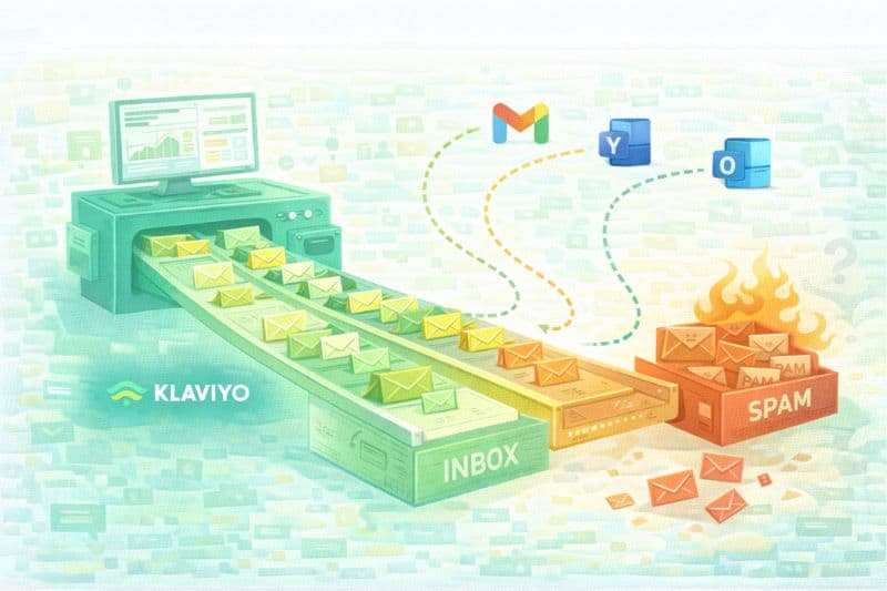 Ilustração de e-mails do Klaviyo sendo classificados por uma máquina em pastas de caixa de entrada e de spam, com ícones do Gmail e do Outlook acima, destacando como impedir que as mensagens caiam no spam.