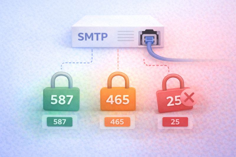 Illustration of an SMTP server with three colored locks labeled 587, 465, and 25, highlighting email deliverability. Port 25 has a red 'X', suggesting it is blocked or insecure—an important factor in email placement and warmup strategies.