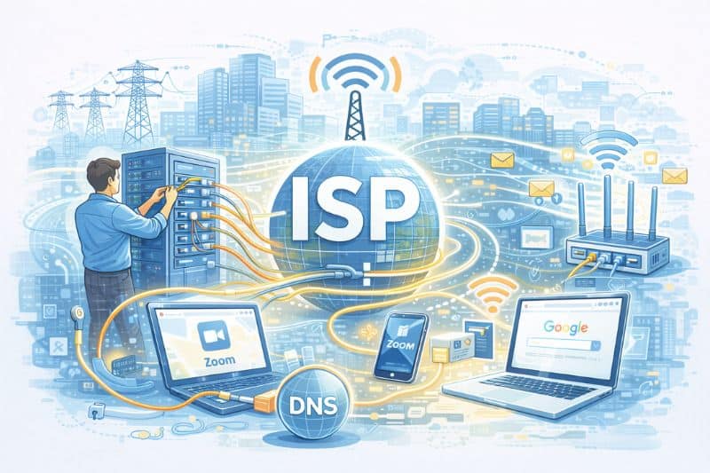 O que significa ISP na ilustração que mostra DNS, servidores e conexões de entrega de caixa de entrada?