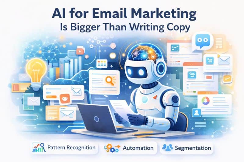 A robot uses a laptop surrounded by email icons and charts, illustrating AI for Email Marketing, pattern recognition, automation, segmentation, and cutting-edge AI copywriting.