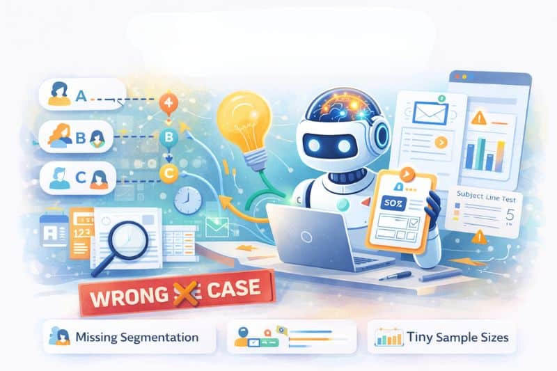 An illustrated robot at a desk analyzes data with graphs, charts, and emails, spotlighting issues like missing segmentation and tiny sample sizes—a nod to the challenges of AI for Email Marketing. A sign nearby reads "Wrong Case.