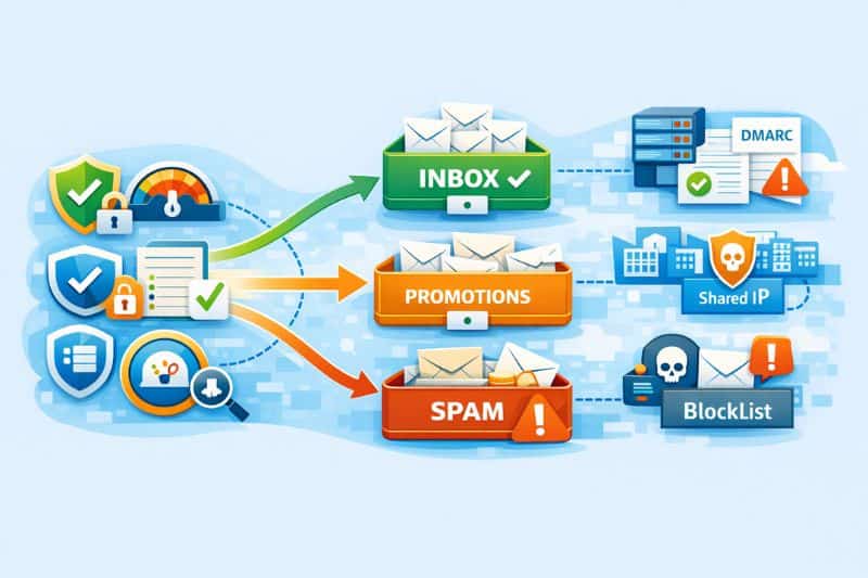 Diagram showing emails sorted into Inbox, Promotions, and Spam, with icons representing security measures, DMARC, shared IP, blocklist management, and Email Deliverability Audit to optimize campaign results.