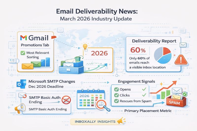 Infographic summarizing March 2026 email deliverability updates—an essential industry update covering Gmail changes, SMTP deadlines, engagement signals, and deliverability statistics.