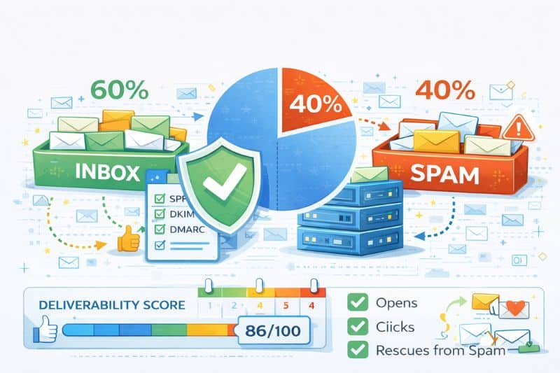 Infografía que muestra que el 60% de los correos electrónicos van a la bandeja de entrada y el 40% al spam, con una puntuación de Email Deliverability de 86/100, además de iconos que ilustran aperturas, clics y rescates de spam. Permanece atento a más noticias sobre correo electrónico y actualizaciones del sector.