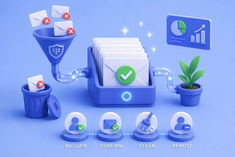 Illustration of an email validation process showing filtering, confirming, cleaning, and removing emails, with icons for each step and visual progress indicators—an essential part of effective email list maintenance.