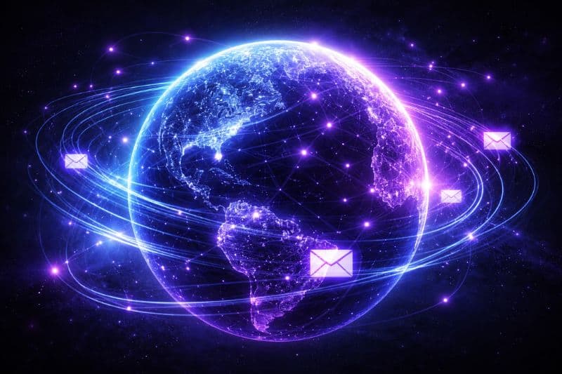 A glowing digital rendering of Earth with purple lines and floating email icons, representing global digital communication and highlighting Email Marketing Statistics.