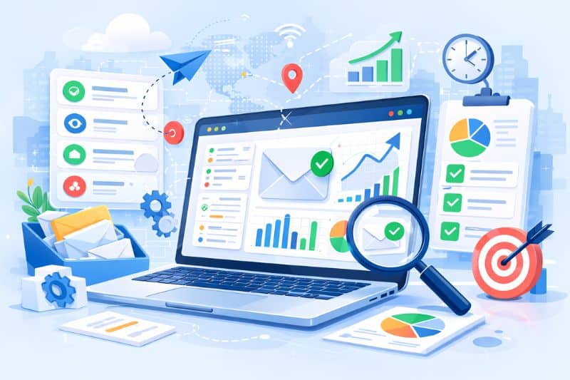 A laptop displays charts and email icons, surrounded by documents, graphs, a magnifying glass, gears, and clocks, representing data analysis and digital communication with effective sales outreach and email tracking tools.