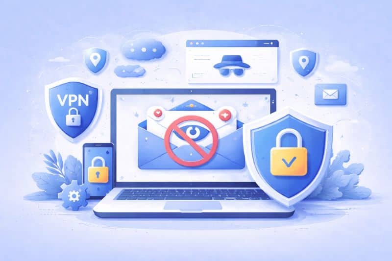 Illustration of a laptop with security symbols, shields, a VPN icon, and an envelope marked with a prohibition sign, highlighting the importance of email privacy and showing ways to stop email tracking and protect your privacy online.