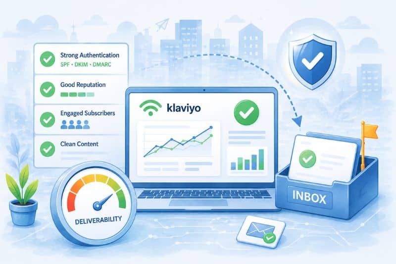 Illustration of a laptop displaying analytics, surrounded by icons representing Klaviyo email deliverability, engaged subscribers, inbox security, and reputation, all featuring Klaviyo branding.