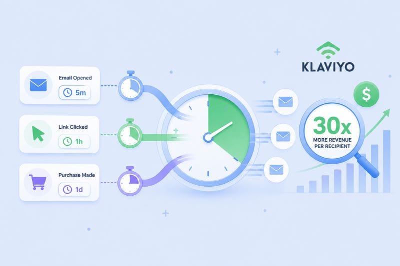 Infographic highlights Early Wins from Email Marketing Campaigns: emails opened in 5 minutes, links clicked in 1 hour, purchases made in 1 day, and Klaviyo claims 30x more revenue per recipient.