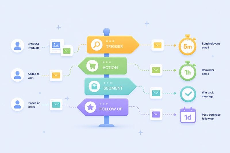 Flowchart illustrating e-commerce customer actions triggering Klaviyo email marketing campaigns: browsed products (5 mins), added to cart (1 hr), placed order (1 day); includes action, segment, and follow-up steps.