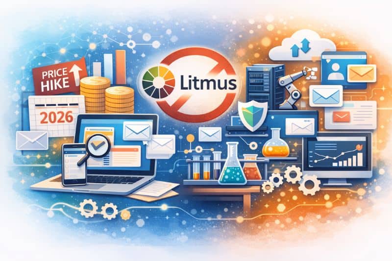 Illustration of business technology concepts—charts, emails, lab equipment, coins, automation, and the Litmus logo—showcasing digital transformation, the rise of email testing tools and Litmus competitors, and increasing costs in 2026.