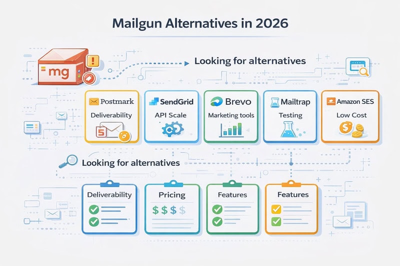 Infographic showing the best Mailgun alternatives for 2026: Postmark, SendGrid, Brevo, Mailtrap, and Amazon SES, with a focus on deliverability, pricing, and features.