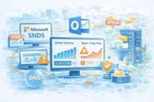 Illustration showing email security: screens display email volume and spam trap hits, with icons for Microsoft SNDS, Outlook, DNS, and servers filtering incoming messages to optimize email deliverability.