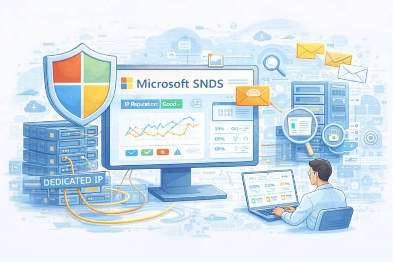 Illustration of a person at a computer viewing Microsoft SNDS, highlighting email deliverability, IP reputation data, servers, and security shields to suggest monitoring and protection of email systems.